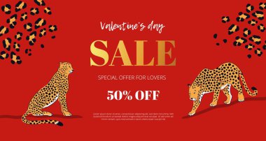 Valentine's day sale banner with leopards on red background with leopards spots. Good for sale, promotions, advertising. Vector illustration. vector