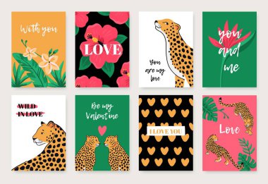 Leoparlar ve tropik çiçeklerle Sevgililer Günü kartları koleksiyonu. Tipografi posteri, kart, etiket, pankart tasarımı seti. Vektör illüstrasyonu.