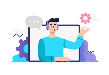 Yakışıklı adam telefonlara cevap veriyor, müşterilerle sohbet ediyor ve müşterilere yardım ediyor. Düz Vektör illüstrasyonu tele pazarlama, çağrı merkezleri, yardım hattı veya müşteri hizmetleri için iyidir. 