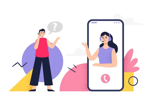 Illustratie van klantenservice. Leuke vrouw in een koptelefoon, beantwoordt telefoontjes van klanten en helpt hem een probleem op te lossen. — Stockvector