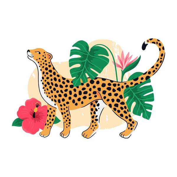 Léopard aux feuilles exotiques tropicales, et fleurs. Illustration vectorielle colorée . — Image vectorielle