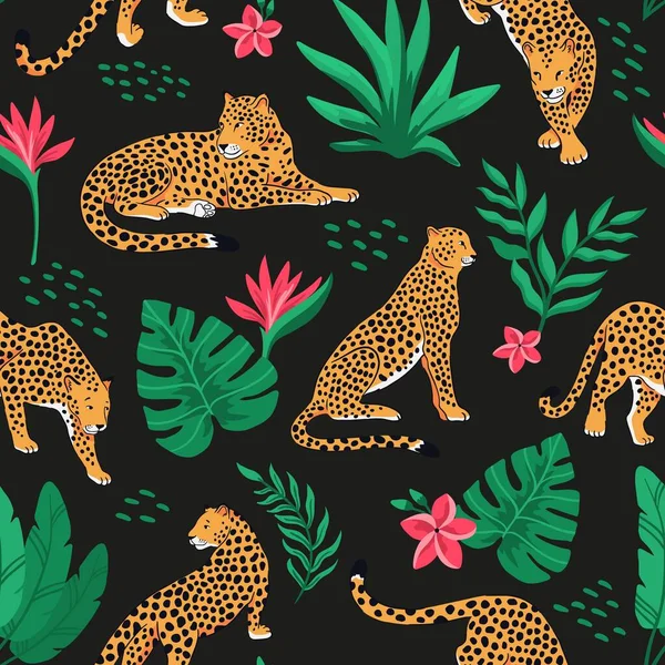 Padrão sem costura vetorial com leopardos e folhas e flores tropicais no fundo preto . —  Vetores de Stock
