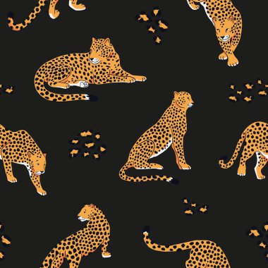 Siyah arkaplanda leoparlar olan kusursuz bir şablon..
