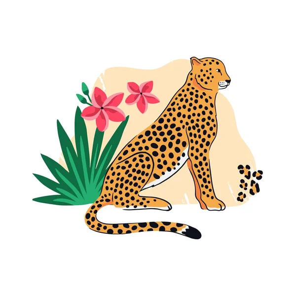 Leopardo con hojas exóticas tropicales y flores. Ilustración vectorial colorida . — Vector de stock