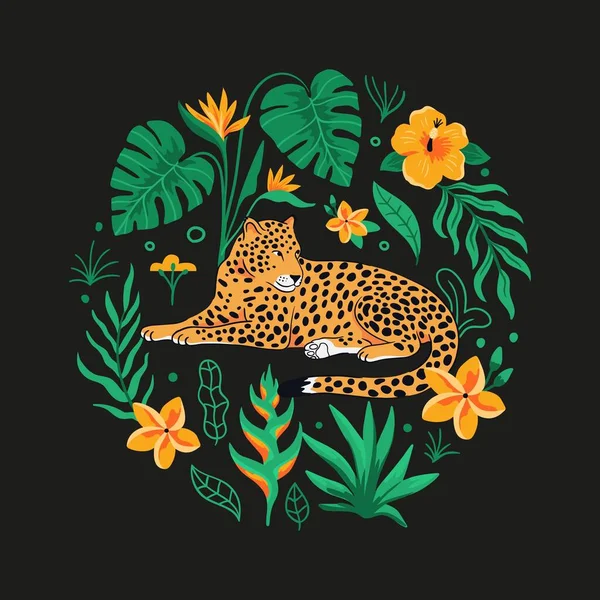 Feuilles tropicales et léopard dans le cercle. Un concept sauvage. Illustration avec des plantes et des animaux exotiques de jungle. Illustration vectorielle sur fond noir . — Image vectorielle