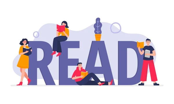 Çalışmayı seven insanlar dev kelime Read 'in yanında dururlar. Modern daire tarzında vektör ilüstrasyonu kütüphaneler, kitap fuarları, mağazalar, okullar veya e-ticaret tarafından kullanılabilir