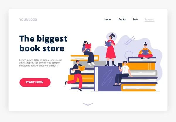 Buchhandlung Landing Page Template. Nette Leute, die auf riesigen Büchern lernen und lesen. Vector Illustration im modernen flachen Stil kann in Bibliotheken, Buchmessen, Geschäften, Schulen und im E-Commerce verwendet werden. — Stockvektor