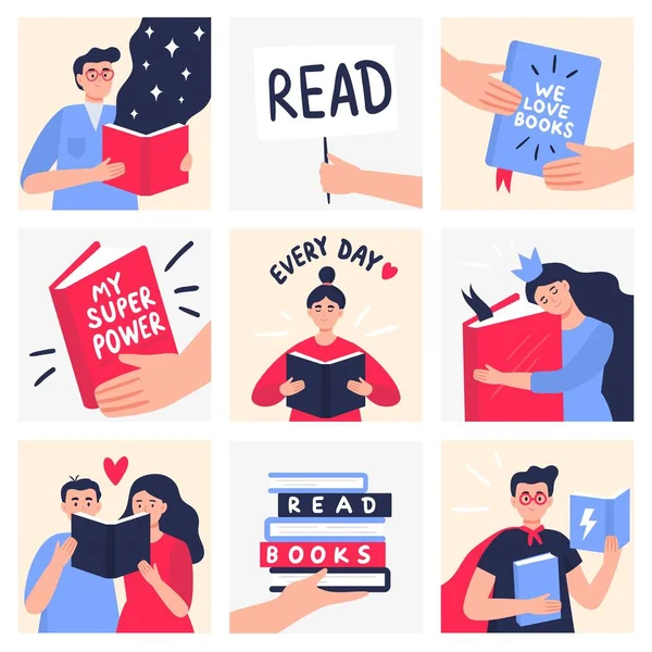 Amor por la educación y la lectura. El sistema de ilustraciones planas modernas del vector con la gente estudia y lee los libros puede ser utilizado por las bibliotecas, las ferias del libro, las tiendas o las escuelas . — Vector de stock