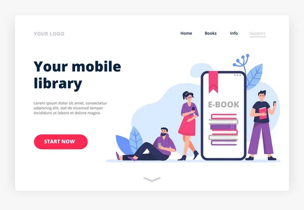 Modelo de landing page com pessoas lendo livros e aprendendo em seus telefones. A ilustração vetorial em estilo plano pode ser usada por bibliotecas, aplicativos, lojas, escolas ou e-commerce . — Vetor de Stock