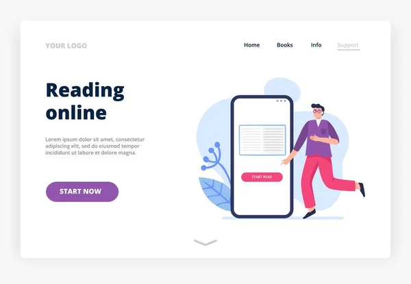 Illustratie over het lezen van online thema. Een man die e-book bestudeert en leest op zijn telefoon. Vector illustratie in platte stijl kan worden gebruikt door bibliotheken, apps, landingspagina 's, winkels, scholen of e-commerce. — Stockvector