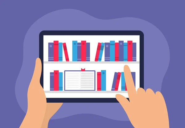 Humano escolhendo um livro na biblioteca digital em um dispositivo eletrônico. Mãos segurando tablet com muitos e-book. Flat Vector pode ser usado por bibliotecas, aplicativos, landing pages, lojas, escolas ou e-commerce . —  Vetores de Stock