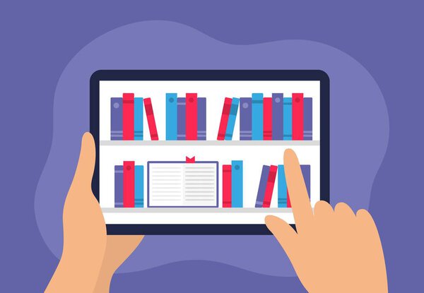 Human choosing a book in digital library on an electronic device. Hands holding tablet with many e-book. Flat Vector can be used by libraries, apps, landing pages, stores, schools or e-commerce.