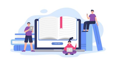 E-kitap temalı illüstrasyon. Sevimli insanlar telefonlar, dizüstü bilgisayarlar, bilgisayarlar ve tabletler üzerinde çalışır ve kitap okurlar. Düz Vektör kütüphaneler, uygulamalar, iniş sayfaları, mağazalar, okullar veya e-ticaret tarafından kullanılabilir.