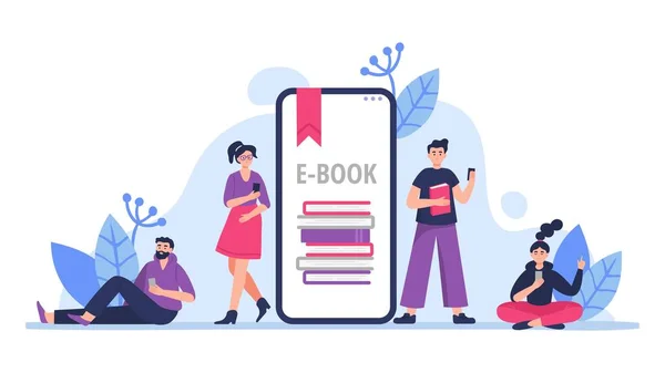 Folk studerar och läser böcker i sina telefoner. E-bokskoncept i Flat Vector illustration stil med många element. — Stock vektor