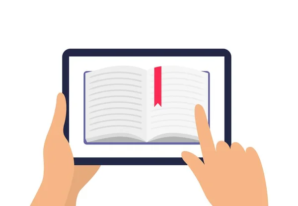Human learning and reading a book on a tablet. Finger turning page on e-book. Flat Vector can be used by libraries, apps, landing pages, stores, schools or e-commerce. — Stock Vector