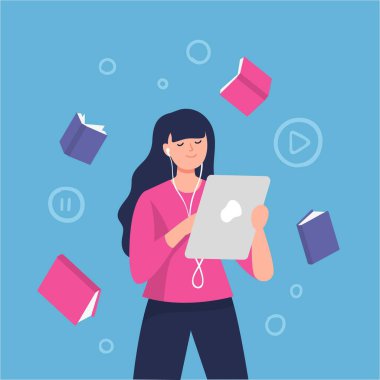 Kulaklıklı bir kadın karakter. Bir kadının vektör illüstrasyonu müzik, sesli kitap, podcast veya dil dersleri dinliyor.