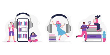 İnsanlar müzik, sesli yayın, podcast ya da dil dersleri dinlerler. İnsanlarla ilgili bir dizi kavram. Modern düz tarzda Vektör İllüstrasyonları.