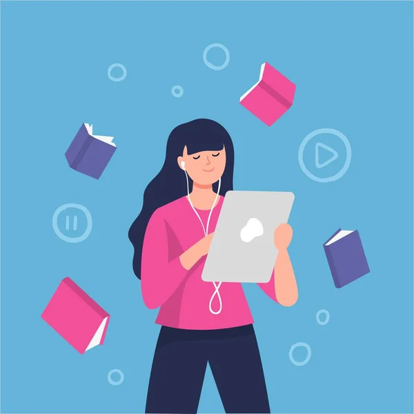Kulaklıklı bir kadın karakter. Bir kadının vektör illüstrasyonu müzik, sesli kitap, podcast veya dil dersleri dinliyor.