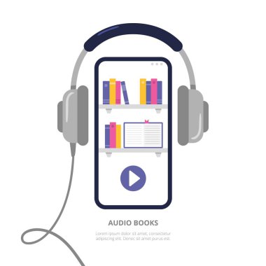 Cep telefonu ve kulaklıkla. Ses kayıt cihazları, podcastlar ve kursları olan dijital kütüphane. Modern düz bir şekilde vektör illüstrasyonu.