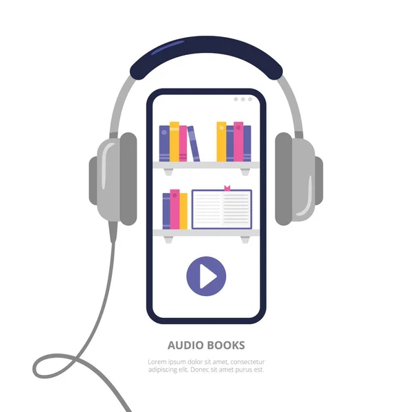 Cep telefonu ve kulaklıkla. Ses kayıt cihazları, podcastlar ve kursları olan dijital kütüphane. Modern düz bir şekilde vektör illüstrasyonu.