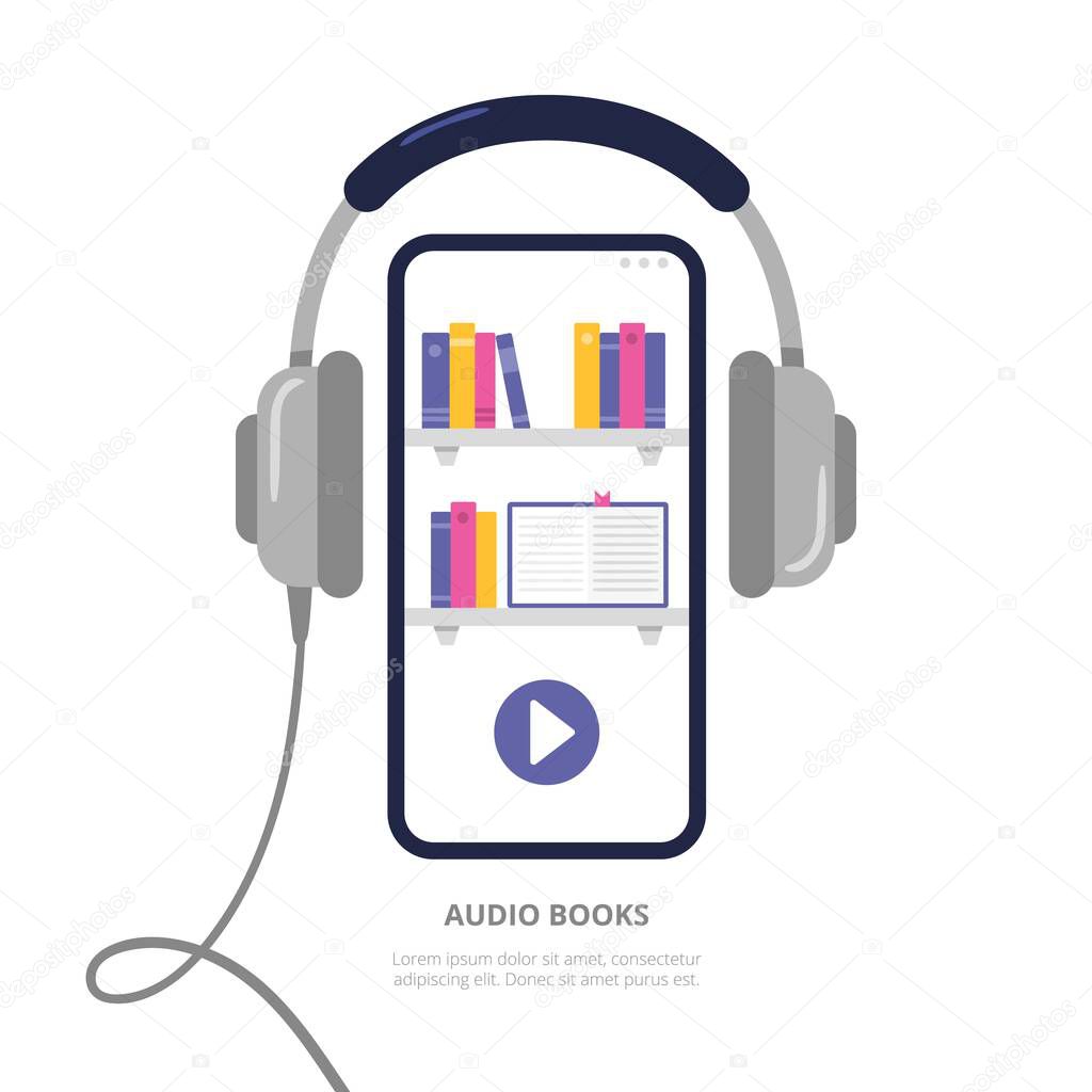 Concept with a mobile phone and headphones. Digital library with audiobooks, podcasts, and courses. Vector illustration in a modern flat style.