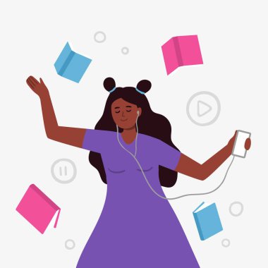 Kulaklıklı bir kadın karakter. Bir kadının vektör illüstrasyonu müzik, sesli kitap, podcast veya dil dersleri dinliyor.