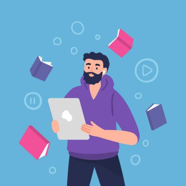 Kulaklıklı bir erkek karakter. Bir adamın vektör illüstrasyonu müzik, sesli kitap, podcast veya dil dersleri dinliyor.