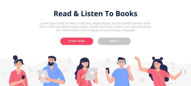 Sesli kitap, podcast ve çevrimiçi kurslar dinlemeyi seven insanların olduğu bir pankart. Modern düz bir şekilde vektör illüstrasyonu.