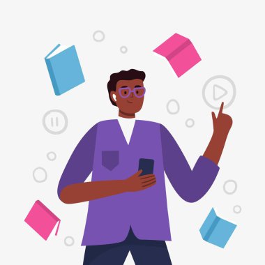 Kulaklıklı bir erkek karakter. Bir adamın vektör illüstrasyonu müzik, sesli kitap, podcast veya dil dersleri dinliyor.