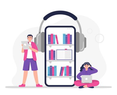 Kadın ve erkek sesli kitapları dinler. Günümüz düz tarzında vektör kavramı web sayfalarında, uygulamalarda, afişlerde kullanılabilir.