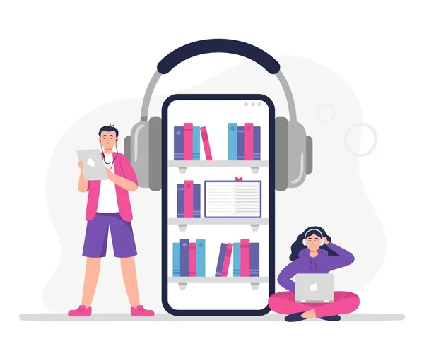 Homem e mulher ouvem audiolivros. Conceito vetorial em um estilo plano moderno pode ser usado nas páginas da web, aplicativos, banners . —  Vetores de Stock