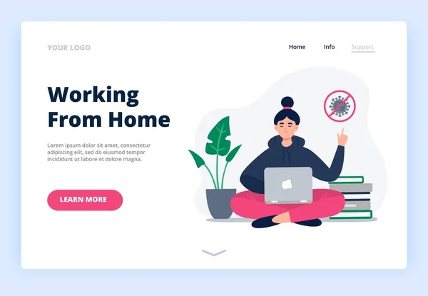 Fica em casa. Campanha de mídia social e prevenção de coronavírus. Uma landing page com ilustrações sobre como trabalhar em casa. Uma jovem mantém a calma e trabalha em casa . —  Vetores de Stock