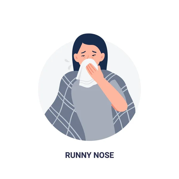 Femme présentant un symptôme de maladie - nez qui coule. Signes de grippe. Illustration vectorielle de dessin animé plat isolé sur fond blanc . — Image vectorielle