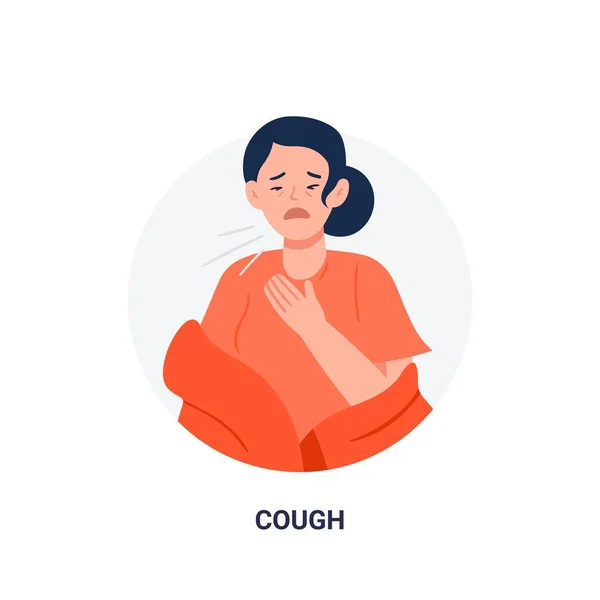 La mujer con el síntoma de la enfermedad - tos. Signos de enfermedad por influenza. ilustración plana vector de dibujos animados aislado sobre fondo blanco . — Vector de stock