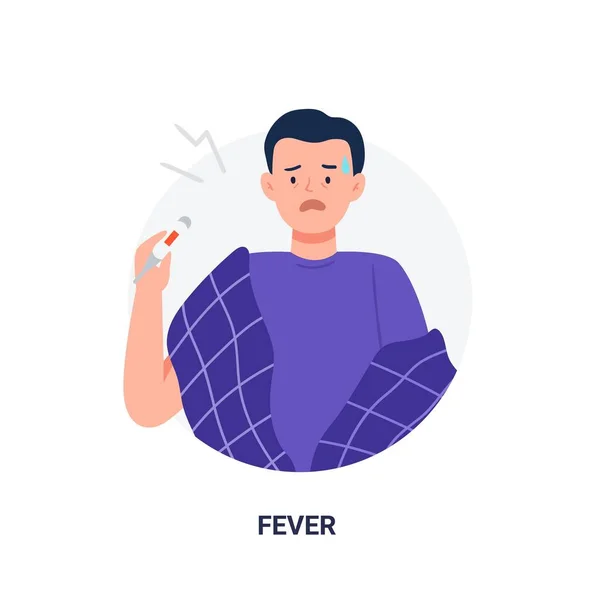 Hombre con síntomas de enfermedad - fiebre. Signos de enfermedad por influenza. ilustración plana vector de dibujos animados aislado sobre fondo blanco . — Vector de stock