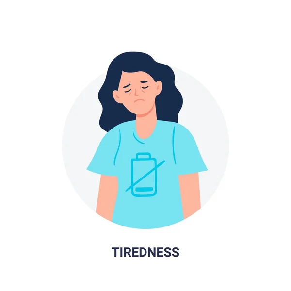 Femme présentant des symptômes de la maladie - fatigue. Signes de grippe. Illustration vectorielle de dessin animé plat isolé sur fond blanc . — Image vectorielle