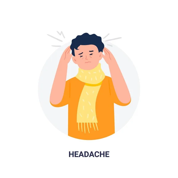 Hombre con síntomas de enfermedad - dolor de cabeza. Signos de enfermedad por influenza. ilustración plana vector de dibujos animados aislado sobre fondo blanco . — Vector de stock