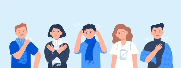 Ilustração vetorial de pessoas que sofrem de vários sintomas do resfriado comum e gripe. Personagens com sintomas; dor de cabeça, calafrios, dores musculares, cansaço e tosse . —  Vetores de Stock