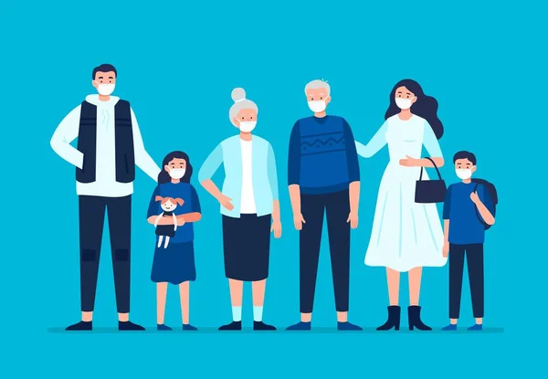 Aile hastalıkları, gribi, hava kirliliğini ve kirli havayı önlemek için koruyucu bir maske takıyor. Baba, anne, kız, oğul, büyükanne, büyükbaba ameliyat maskesi takıyor. Vektör düz resimleme.