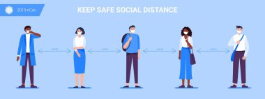 Sosyal Mesafe. İnsanlar virüs Covid-19 'u önlemek için cerrahi koruyucu bir tıbbi maske takarak enfeksiyon ve hastalık için mesafelerini koruyorlar. Sağlık hizmeti konsepti. Vektör illüstrasyonu.