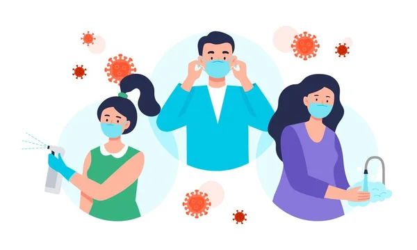 Consejos de protección contra la enfermedad por Coronavirus con una mascarilla facial, desinfectante y lavándose las manos. Concepto de salud. Ilustración plana del vector . — Archivo Imágenes Vectoriales