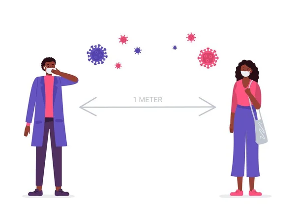 Distance sociale, garder la distance dans la société publique les gens à l'abri du coronavirus COVID-19. L'homme et la femme gardent leurs distances. Illustration vectorielle plate sur fond blanc . — Image vectorielle