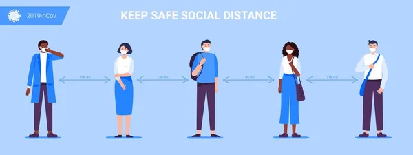 Sosyal Mesafe. İnsanlar virüs Covid-19 'u önlemek için cerrahi koruyucu bir tıbbi maske takarak enfeksiyon ve hastalık için mesafelerini koruyorlar. Sağlık hizmeti konsepti. Vektör illüstrasyonu.