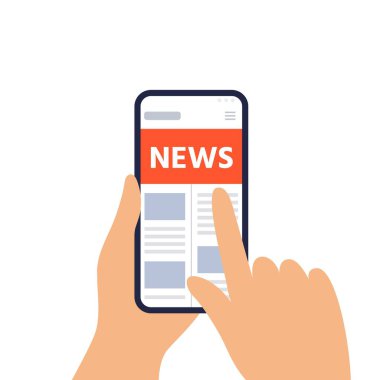 Cep telefonundan haber okuyor. Gazeteli akıllı telefon, haber sitesi. Web pankartı, web sitesi, bilgi grafiği için vektör düz tasarım ögeleri.