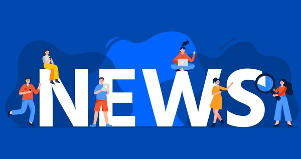 Online nieuws concept. Moderne jongeren die een laptop, tablet en mobiele smartphone gebruiken om online nieuws te lezen. Vector platte illustratie met mensen naast het grote woord Nieuws. — Stockvector