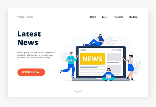 Una landing page con concepto de lectura de noticias en línea. Los hombres y mujeres jóvenes modernos usan teléfonos inteligentes para leer las noticias. Usa teléfonos móviles. tableta y portátil para leer las noticias. Ilustración plana del vector . — Archivo Imágenes Vectoriales