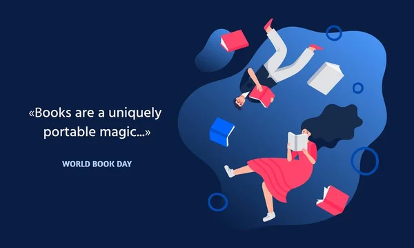 World Book Day. Young man and woman read books. People flying in book space. Education concept with a quote about books. Vector flat illustration. — Stock Vector