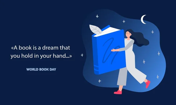 Día Mundial del Libro. Una joven tiene un gran libro. Concepto educativo con una cita sobre libros. Ilustración plana del vector . — Vector de stock