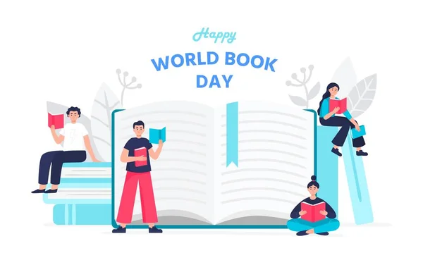 Illustratie van een happy world book day concept. Moderne jongeren lezen boeken. Mannen en vrouwen zitten op een boekenstapel naast het open boek. Vector platte illustratie. — Stockvector