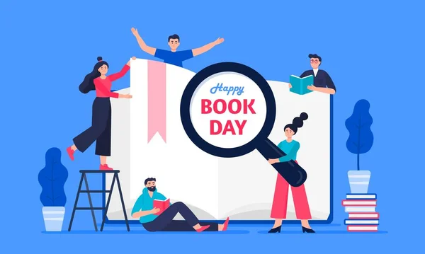 Illustratie van een happy world book day concept. Moderne jongeren lezen boeken. Mannen en vrouwen vieren een boekendag. Vector platte illustratie. — Stockvector